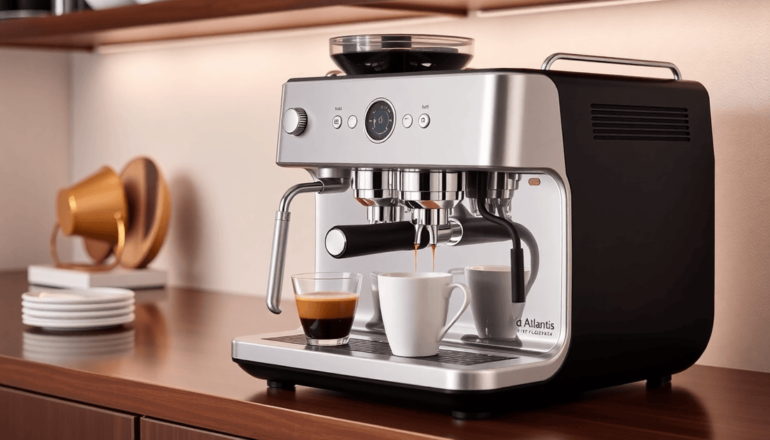 A sleek Atlantis Neo Coin 3-Lane Coffee Machine brewing coffee