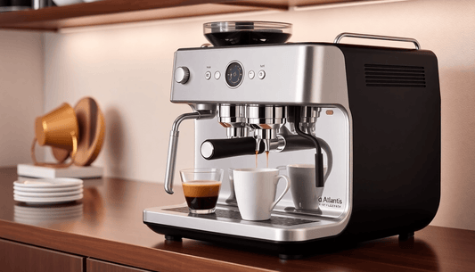 A sleek Atlantis Neo Coin 3-Lane Coffee Machine brewing coffee