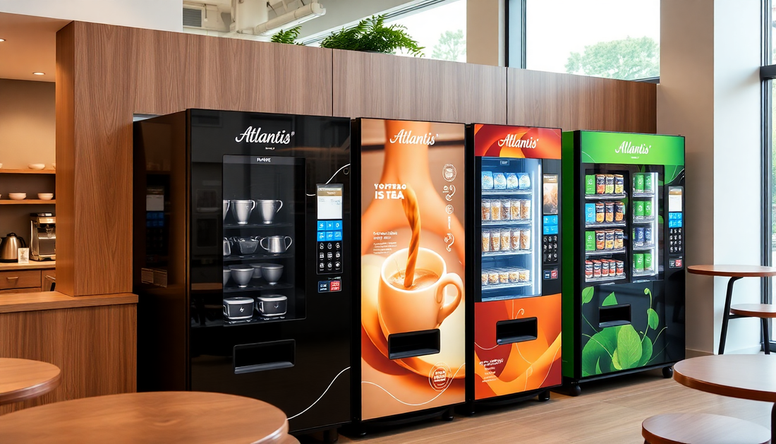 Row of Atlantis tea vending machines in a modern cafe setting from Atlantis tea vending machine distributor Noida