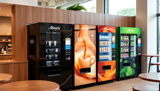 Row of Atlantis tea vending machines in a modern cafe setting from Atlantis tea vending machine distributor Noida