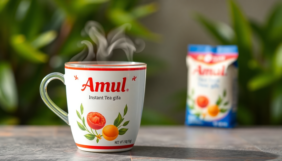 A cup of steaming instant tea with Amul packaging