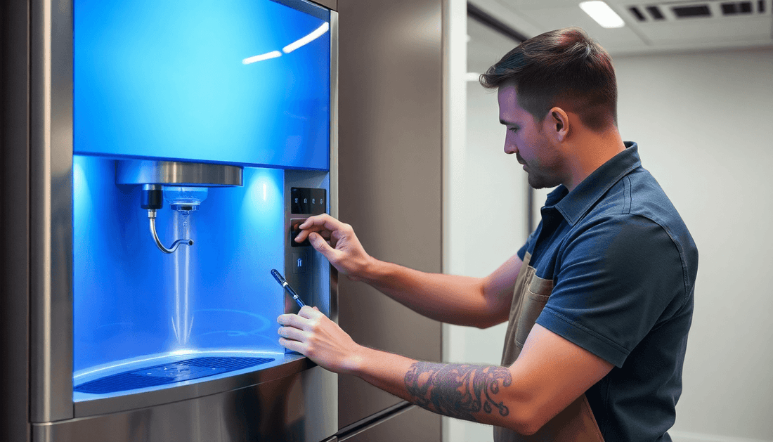 Technician fixing a water dispenser machine in office
