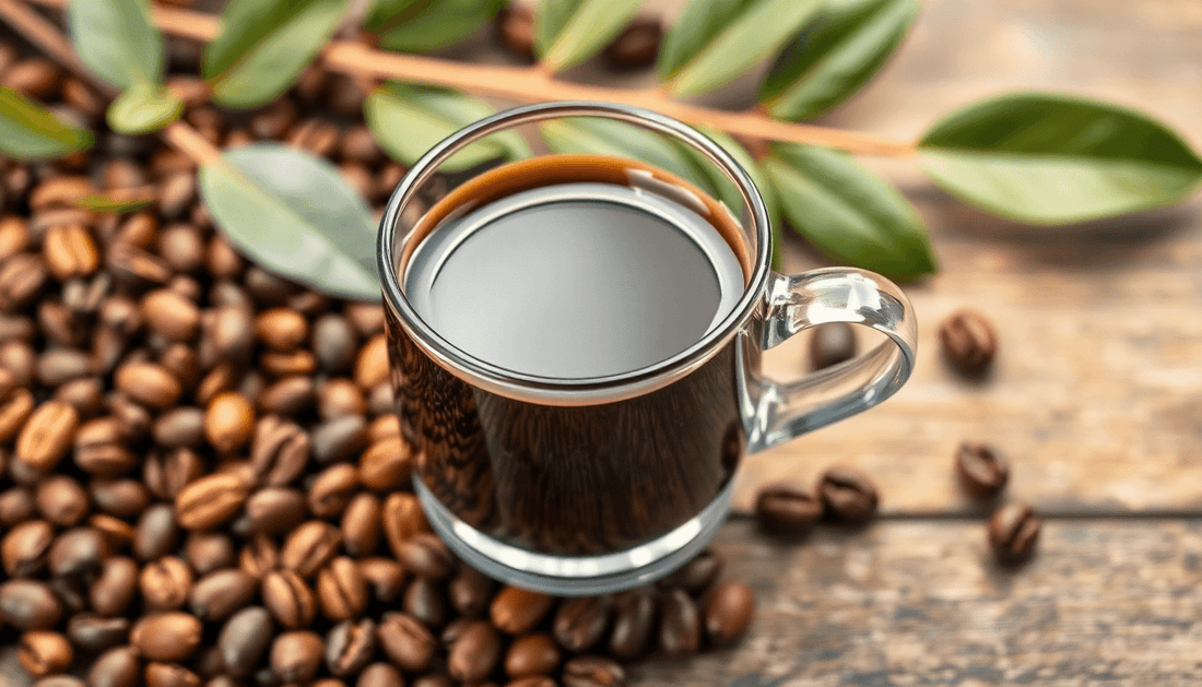 A cup of rich chicory coffee with coffee beans
