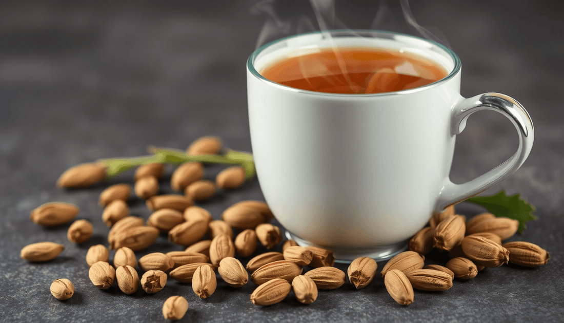 A steaming cup of cardamom tea with cardamom pods
