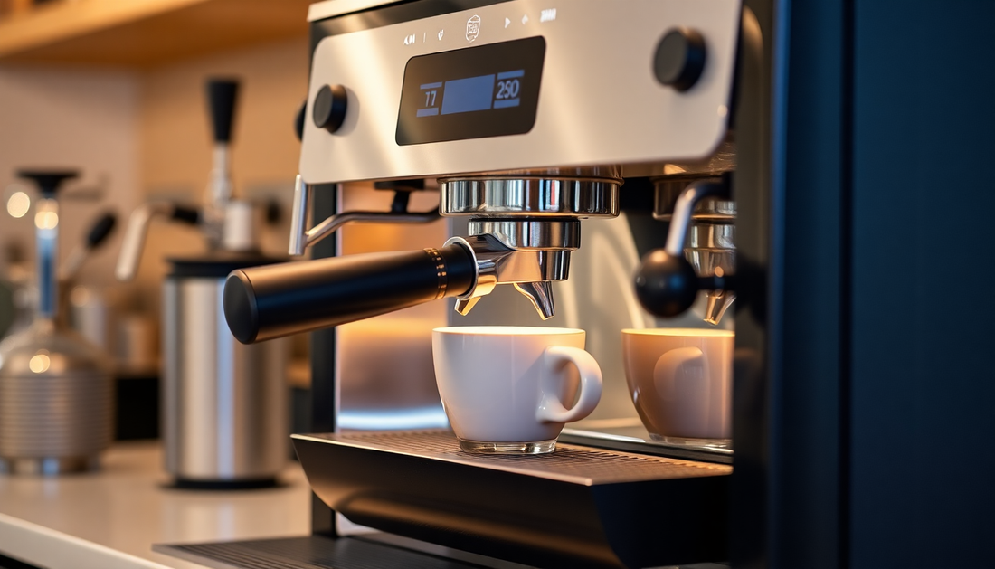Close-up of COFFEE MACHINE MALDEV brewing espresso coffee into a white ceramic cup on kitchen counter