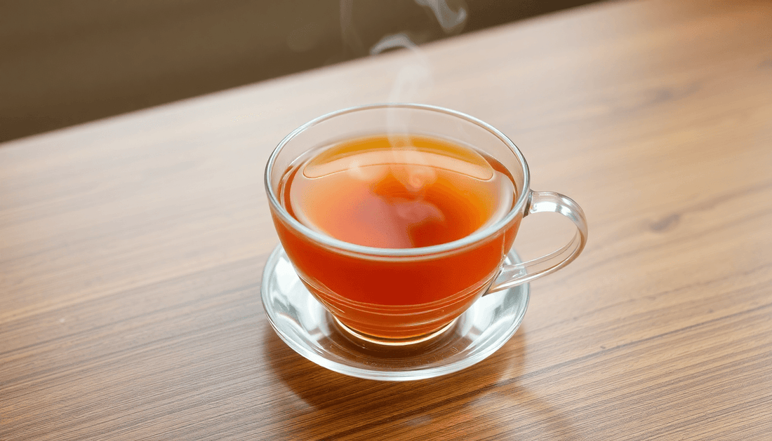 A steaming cup of instant tea on a wooden table