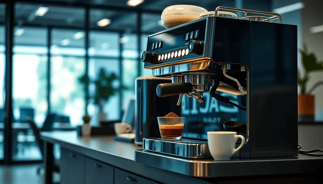 A modern coffee machine brewing coffee in an office