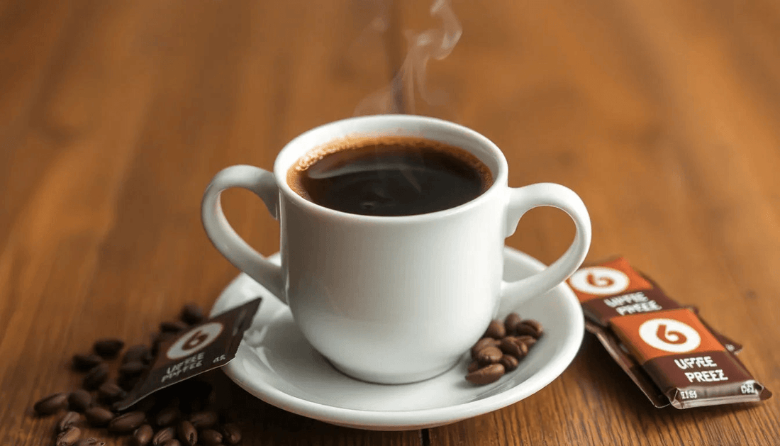 A steaming cup of coffee with coffee premix packets