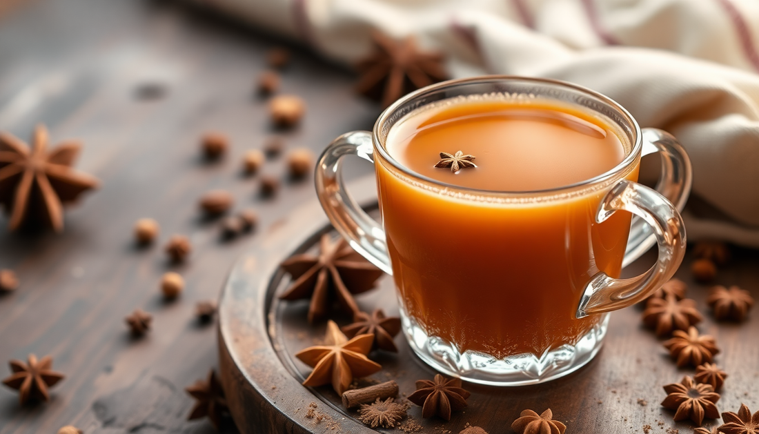 A steaming cup of kadak masala chai with spices