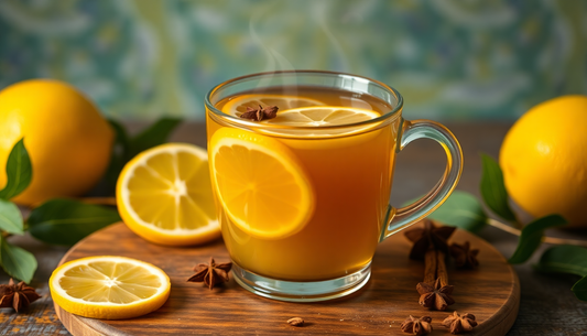 A cup of steaming lemon masala tea with spices
