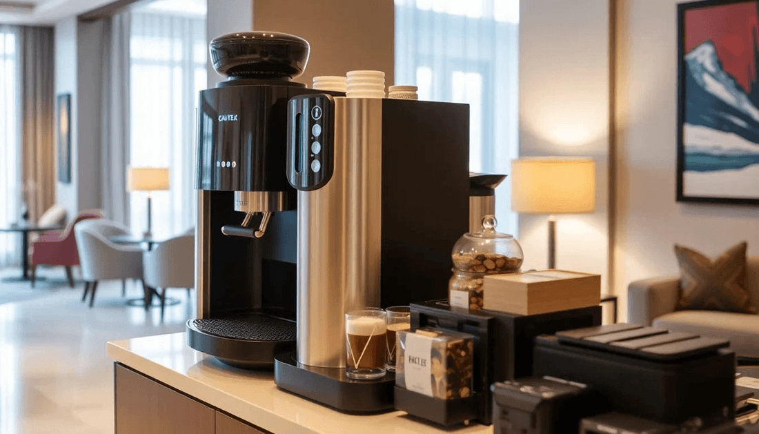 A modern coffee machine in a hotel lobby