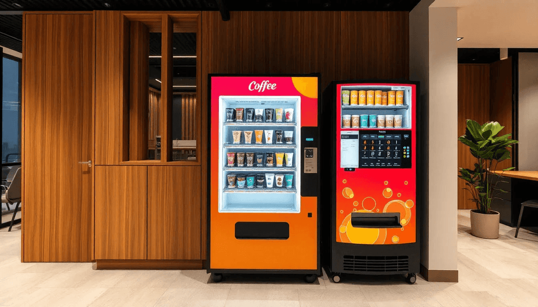 Modern coffee vending machines offering a variety of coffee premix sachets in an office lounge area