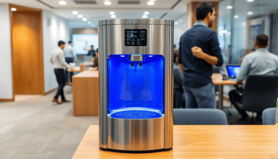 A modern water dispenser in a busy Delhi office