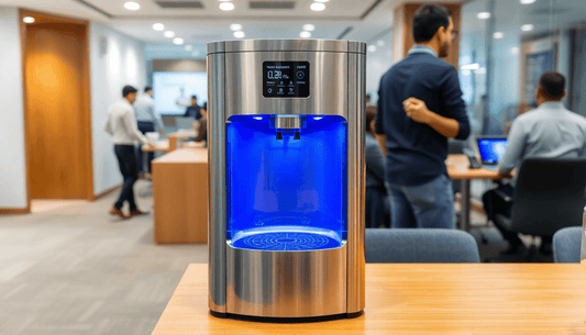 A modern water dispenser in a busy Delhi office