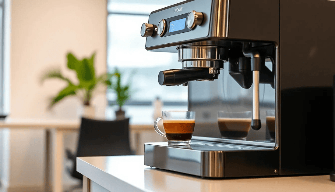 A modern coffee machine brewing fresh coffee in an office