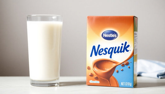 A Nestle Nesquik chocolate powder box beside a glass of milk