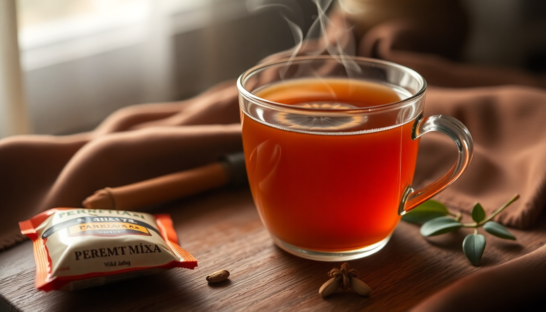 A steaming cup of cardamom tea with premix packet