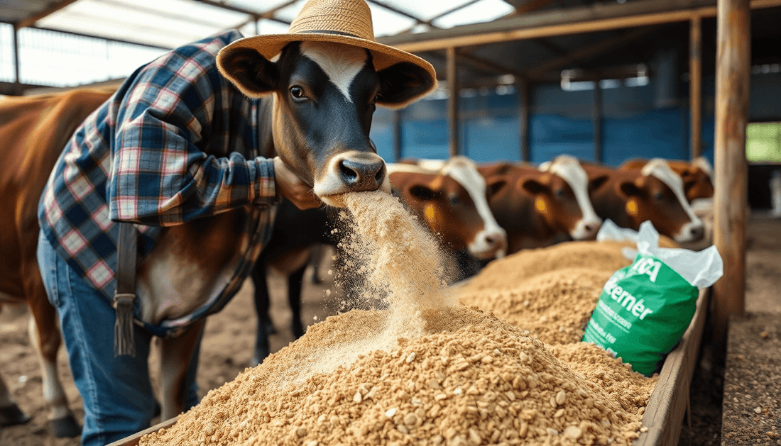 A farmer adding premix powder to cow feed