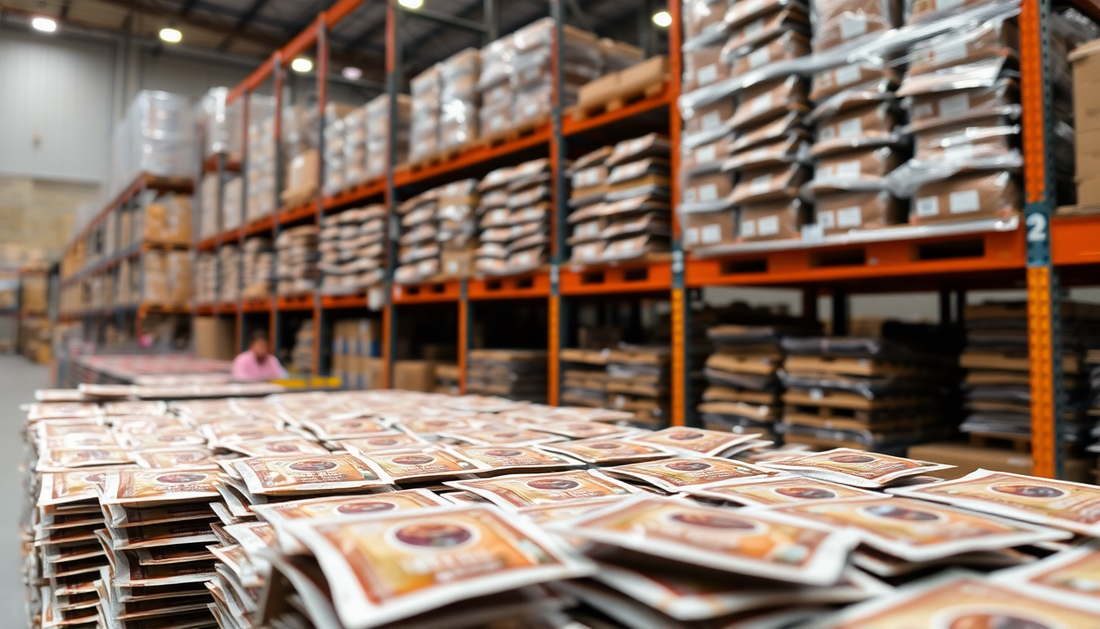 Coffee premix packets stacked in a wholesale warehouse