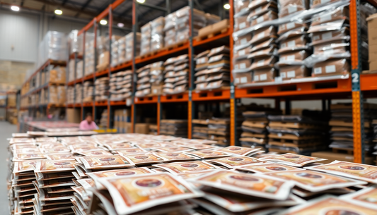 Coffee premix packets stacked in a wholesale warehouse