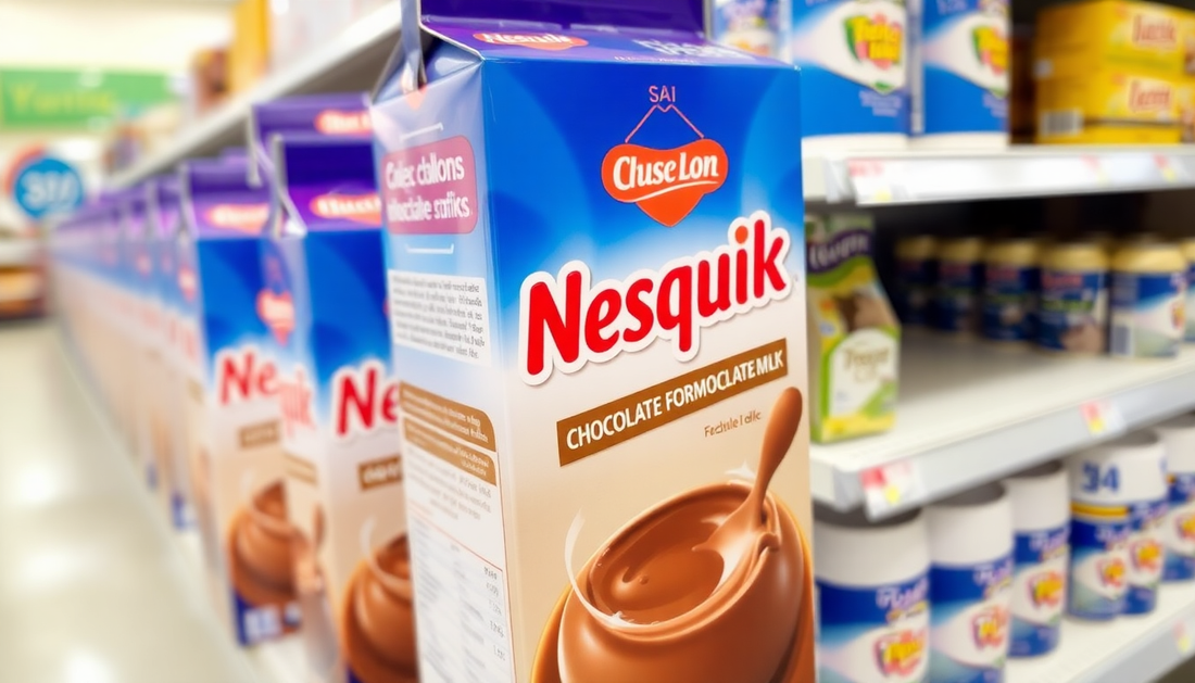 A Nesquik chocolate milk carton on a store shelf