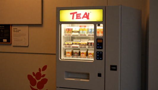 Modern tea vending machine with illuminated TEA sign showcasing products and tea machine price options