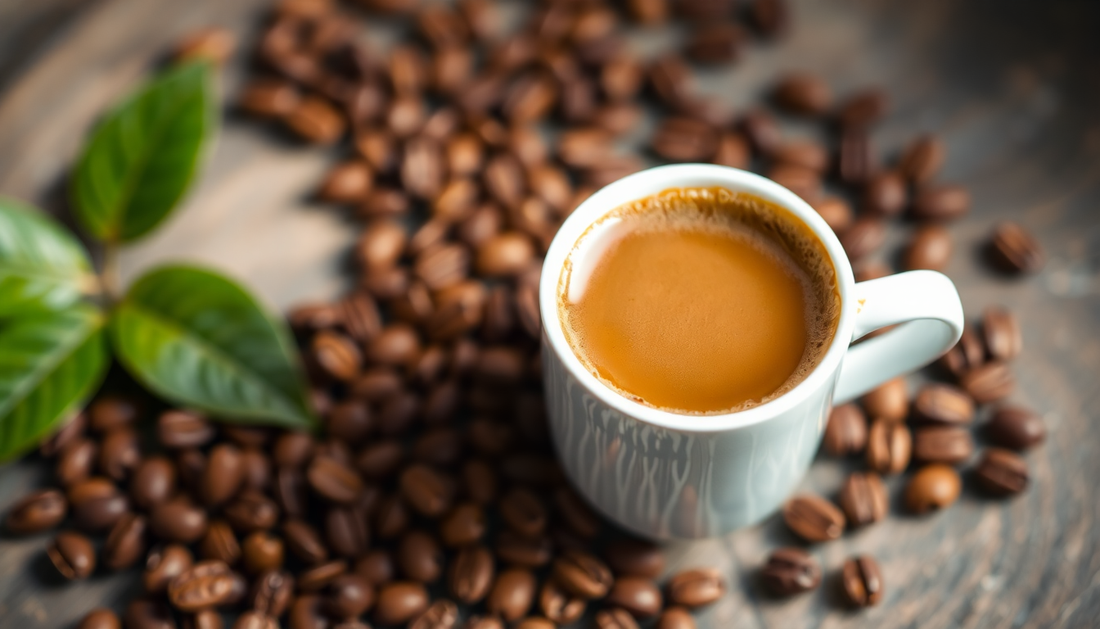 A cup of smooth rich Arabica coffee with beans