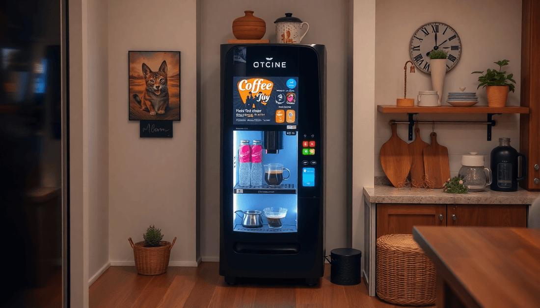 A compact coffee vending machine in a cozy home kitchen