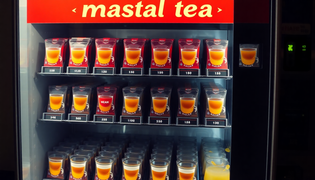 A vending machine dispensing masala tea premix