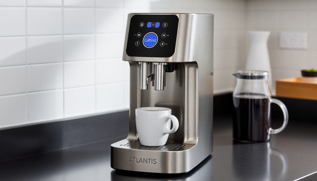 Atlantis bean to cup coffee machine Noida on kitchen counter with white coffee cup and black coffee pot