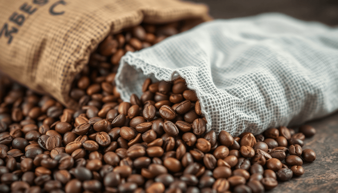 Freshly roasted Arabica coffee beans spilling from sack