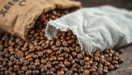 Freshly roasted Arabica coffee beans spilling from sack
