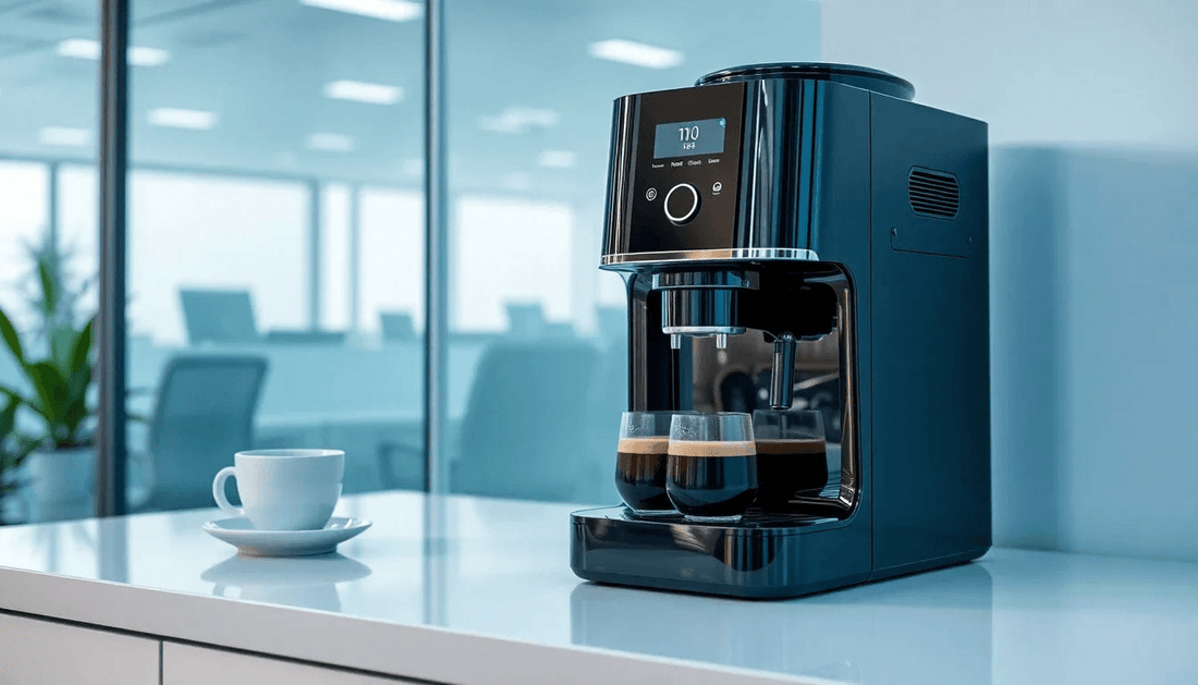 Modern office with automatic coffee machine brewing coffee