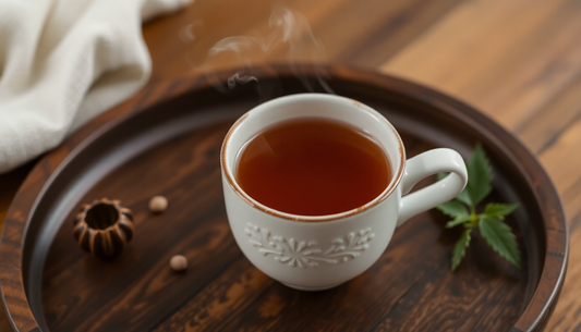 A steaming cup of cardamom tea on a wooden table