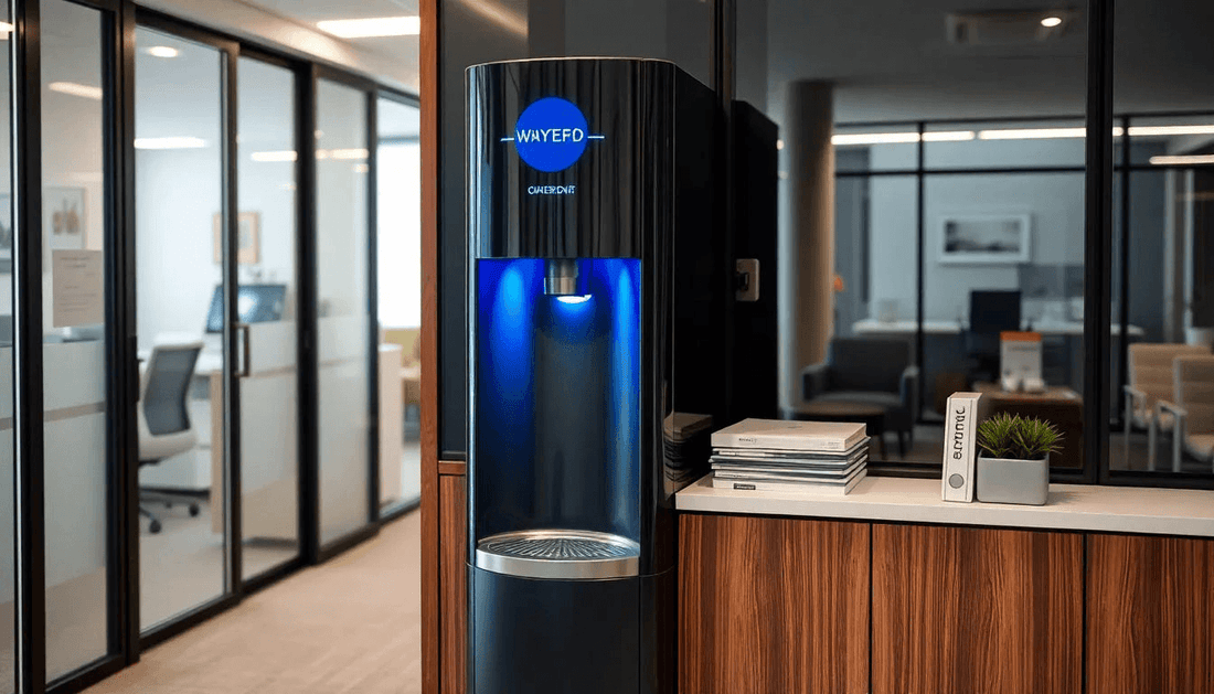 A modern water cooler dispenser in an office setting