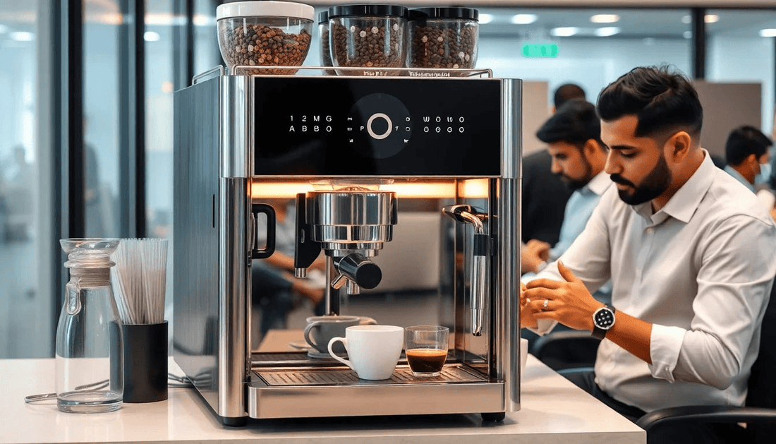 Modern coffee machine in a busy Delhi office
