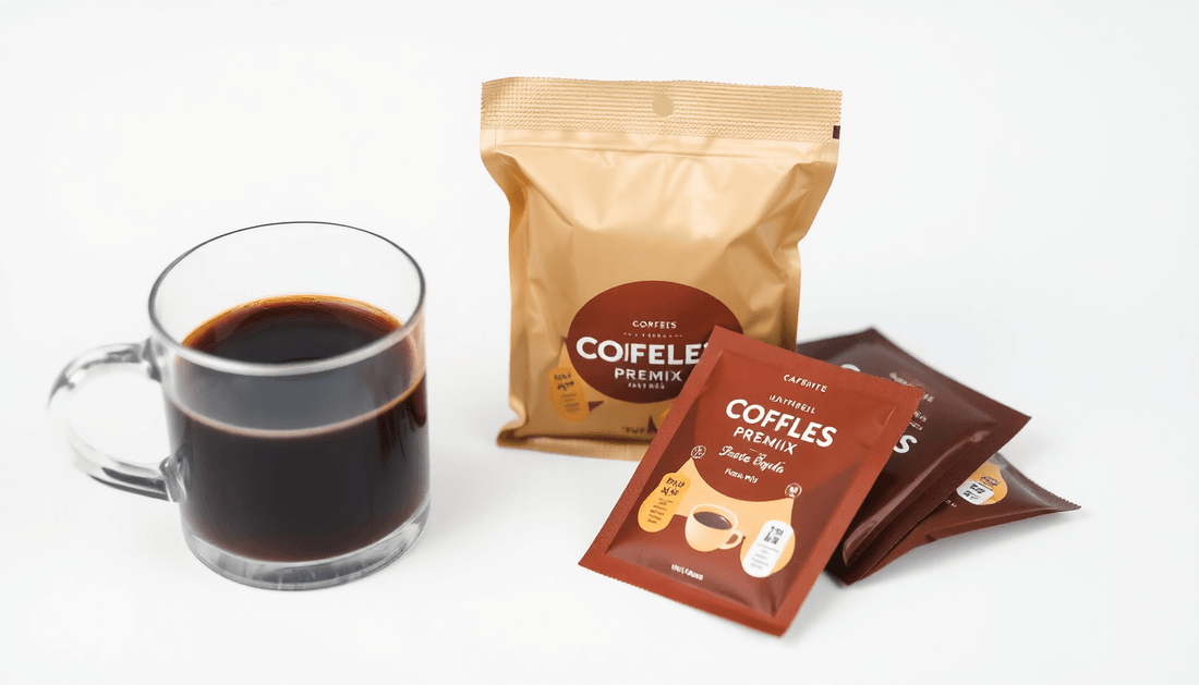 A coffee cup next to a pack of coffee premix sachets