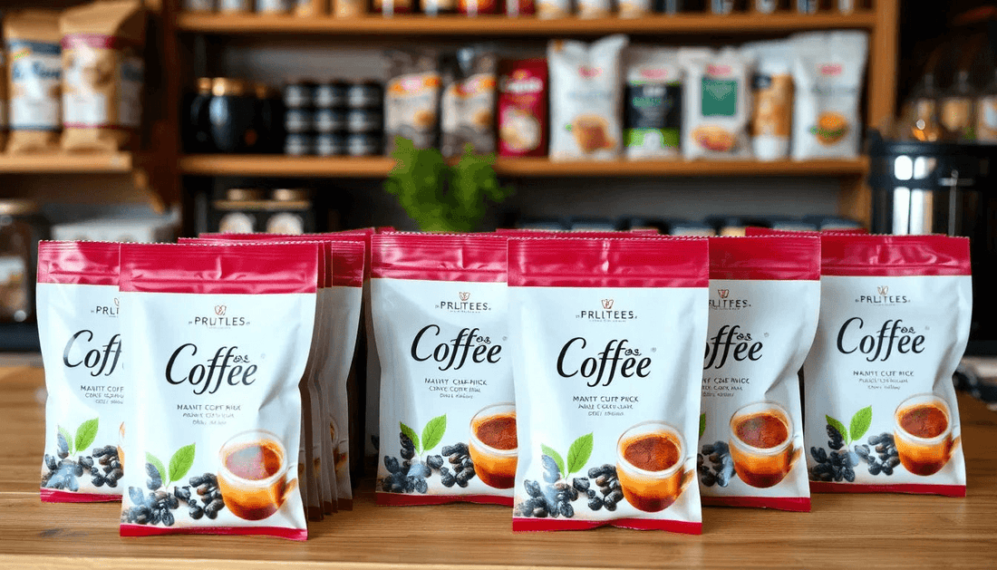 Fresh coffee premix packets arranged in a shop