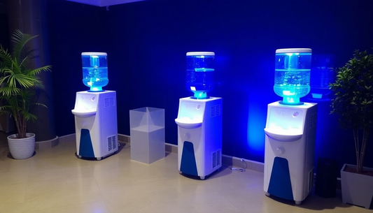 Modern office space with water dispensers illuminated by blue lighting and promoting Atlantis premium coffee