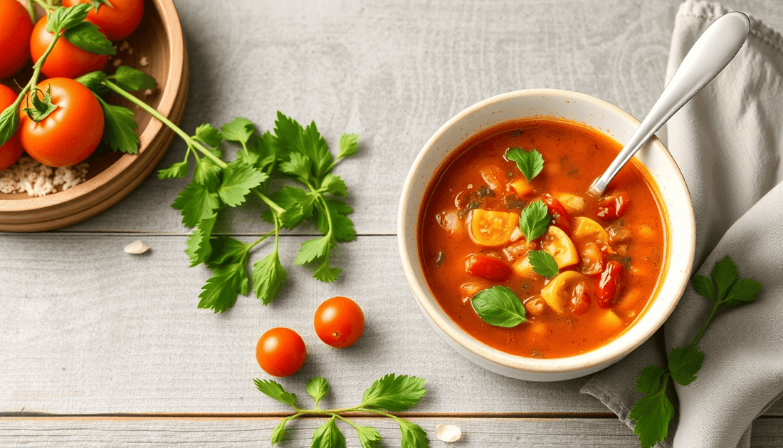 A bowl of rustic tomato vegetable soup with fresh vegetables