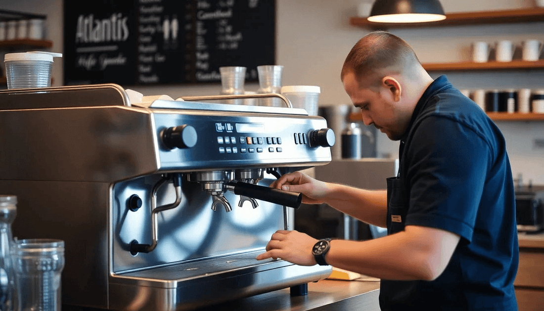 Technician repairing Atlantis coffee machine in a cafe