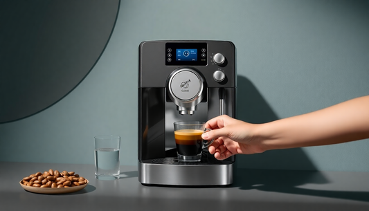 Nescafe UPI coffee machine Delhi making a fresh espresso with a hand holding a glass cup