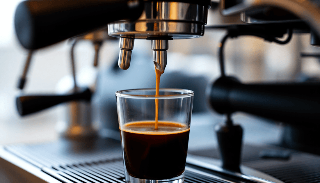 Close-up of espresso coffee being poured from machine