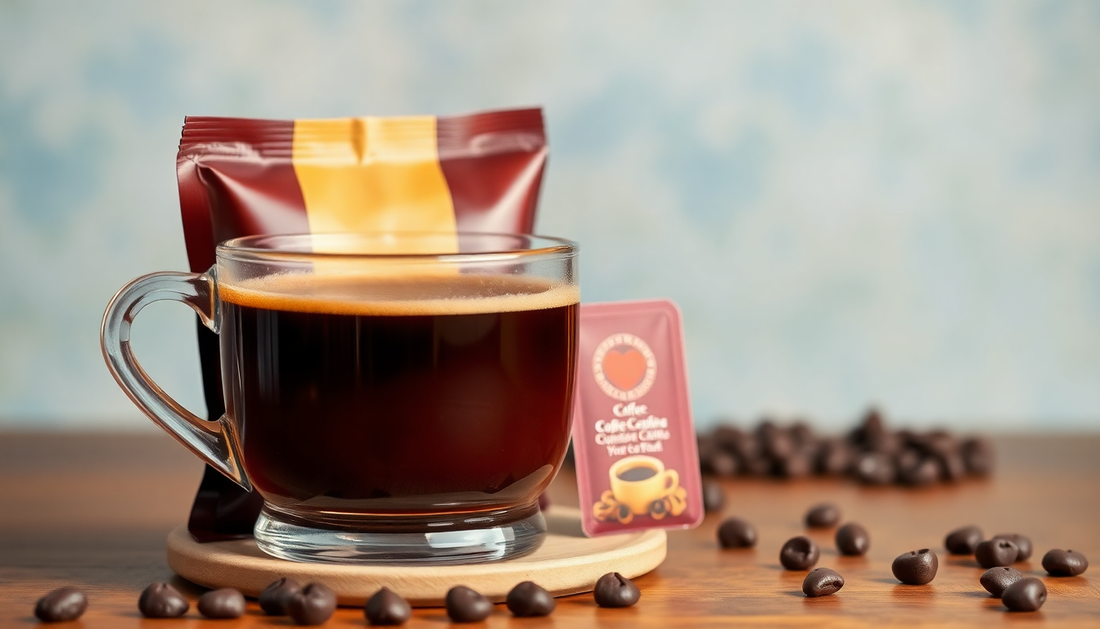 A steaming cup of instant coffee with coffee premix packet