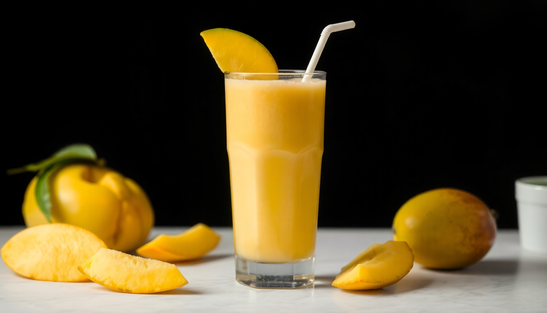 A glass of refreshing mango shake with mangoes around
