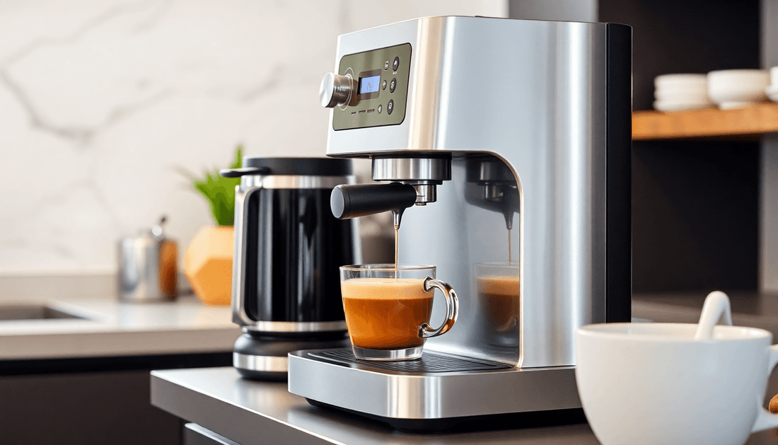 Modern coffee machine brewing fresh coffee in kitchen