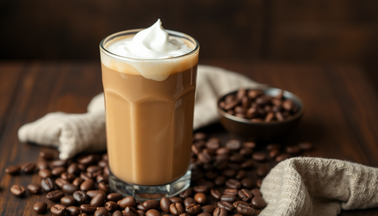 A glass of chocolate cold coffee with coffee beans