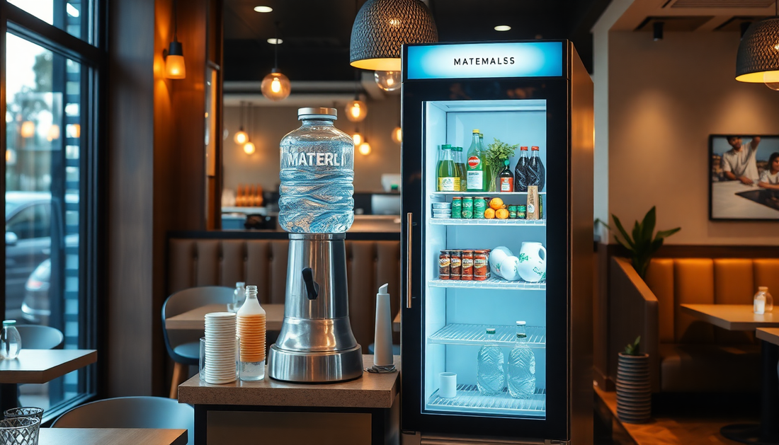 4-Lane Vending Machine stocked with drinks and snacks in a modern cafe setting