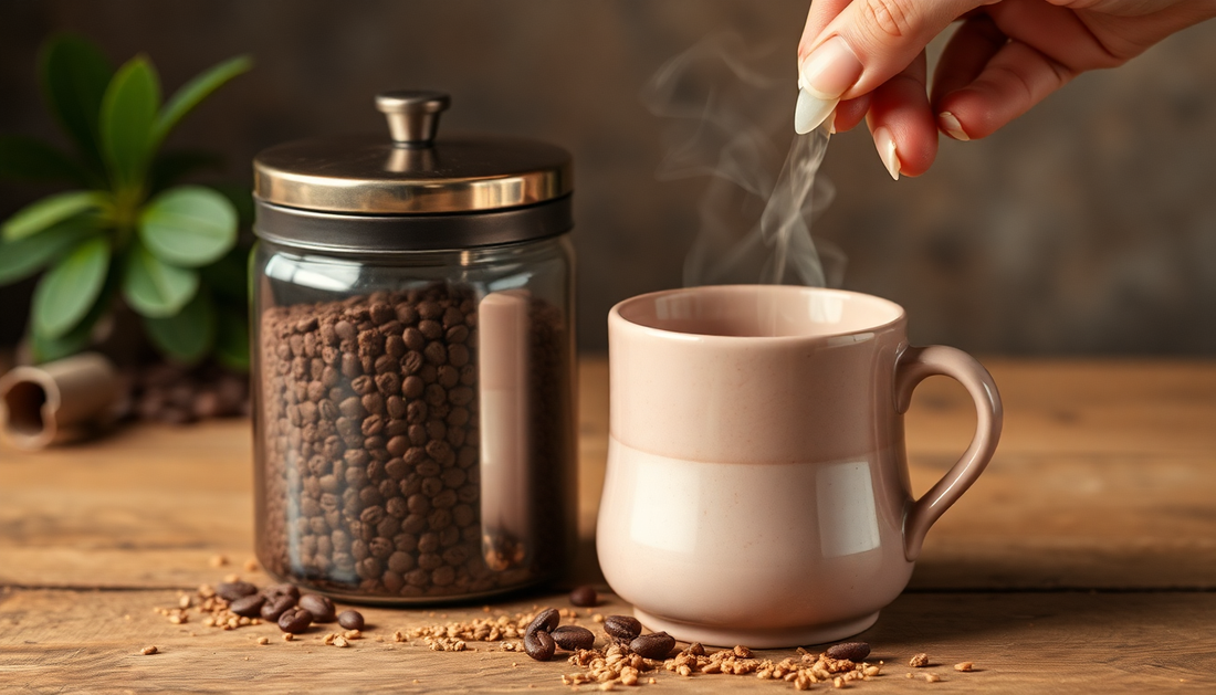 A tea coffee premix powder container with steaming cup