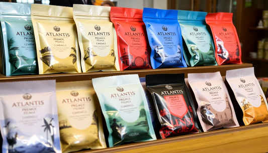 Assortment of Atlantis Tea Premix packets on display